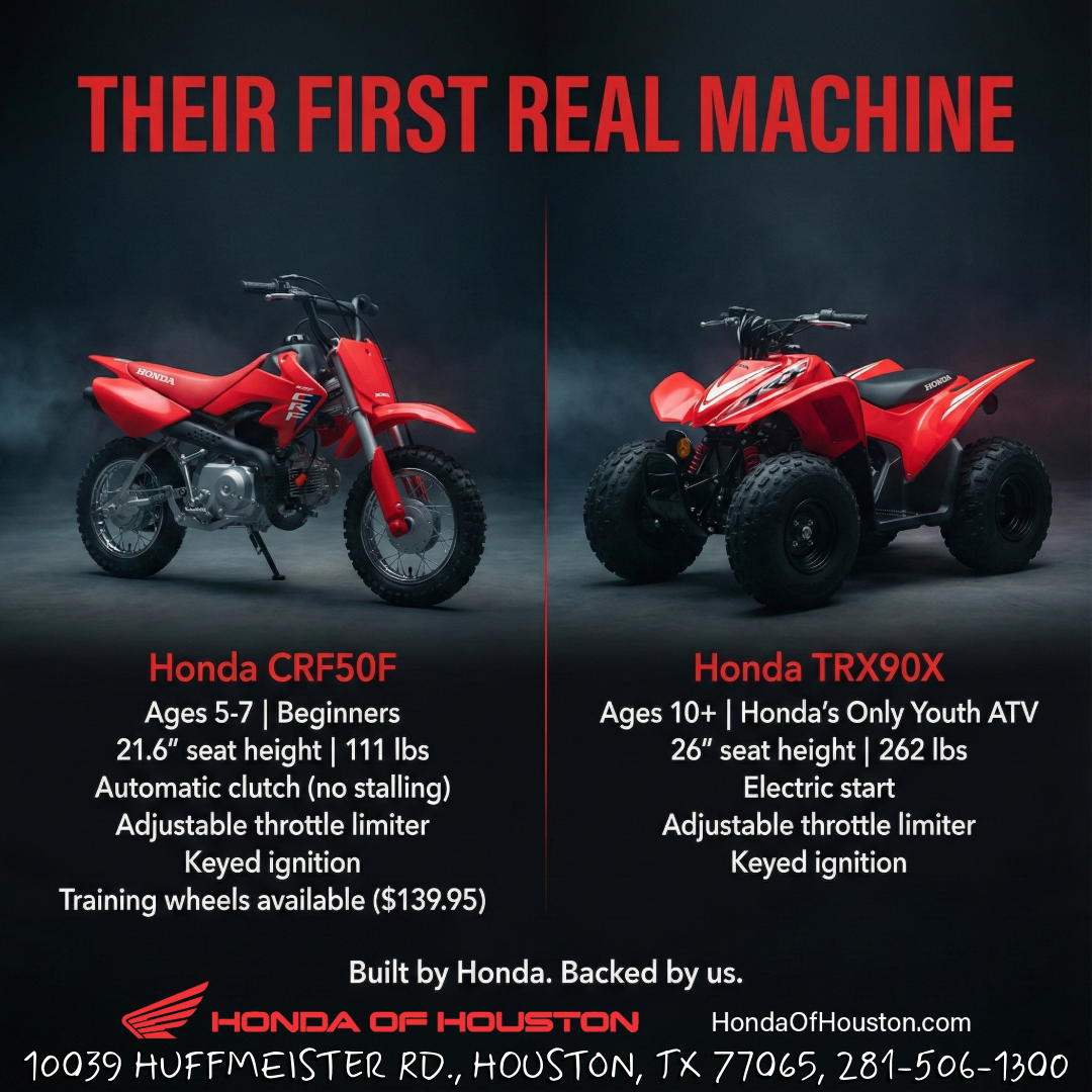 Honda CRF50F dirt bike and TRX90X ATV - youth powersports at Honda of Houston