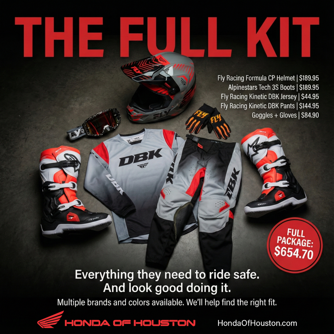 Full youth gear kit - helmet, boots, jersey, pants, goggles, and gloves